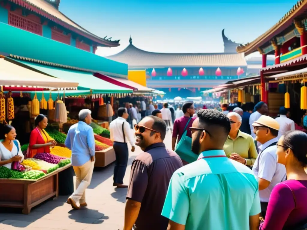 Colorido mercado urbano donde culturas se entrelazan, reflejando la tradición islámica Sunna Hadices