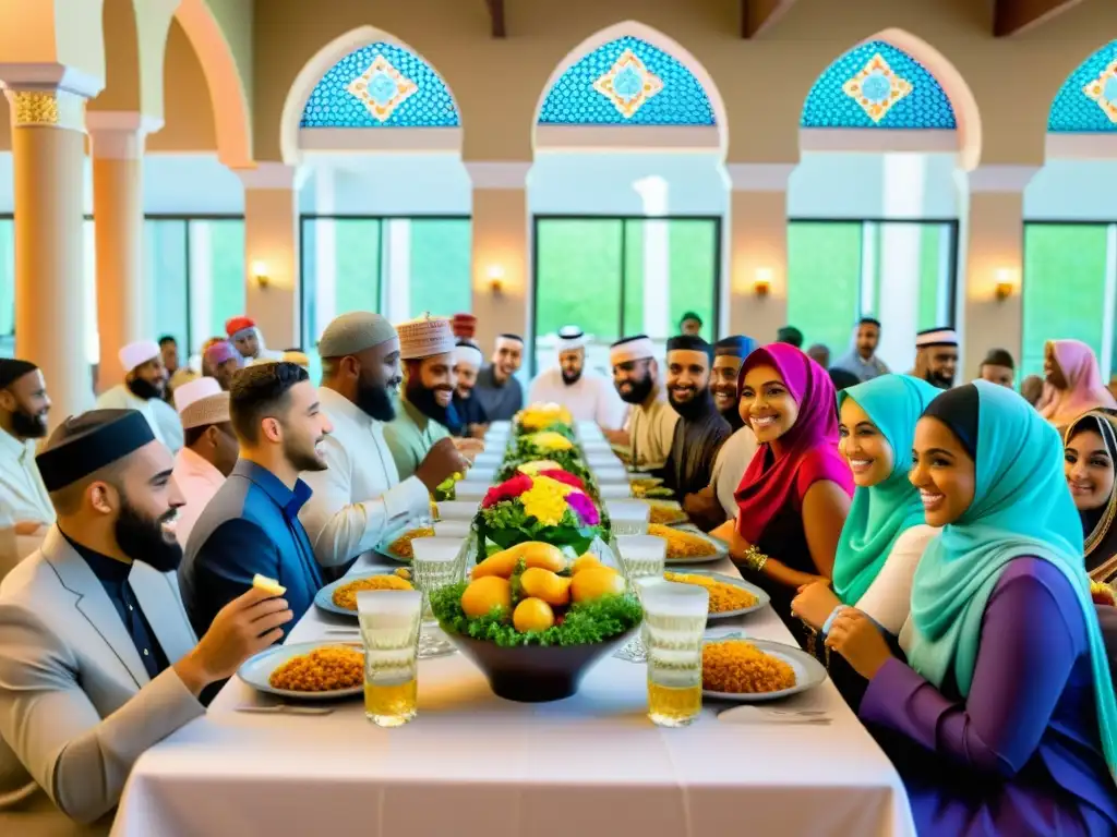 Colorido iftar en mezquita americana, reflejando diversidad y fe de la diáspora islámica en América