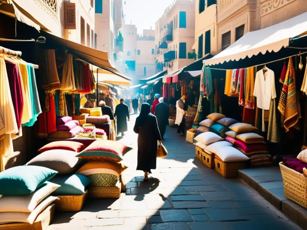 Colorido zoco en una ciudad del Medio Oriente, con tiendas de moda islámica ética y clientes explorando los puestos