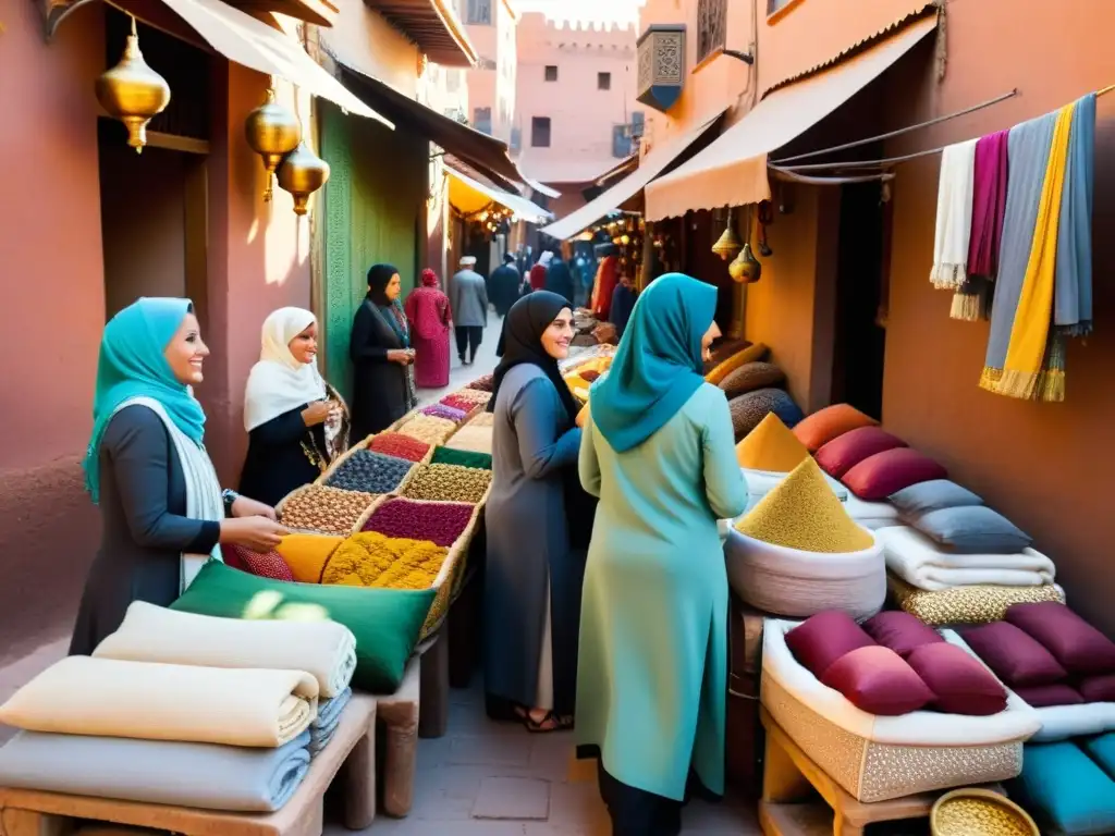 Colorido zoco en Marrakech, mujeres emprendedoras venden textiles y artesanías, reflejando la vida de la mujer en el mundo islámico