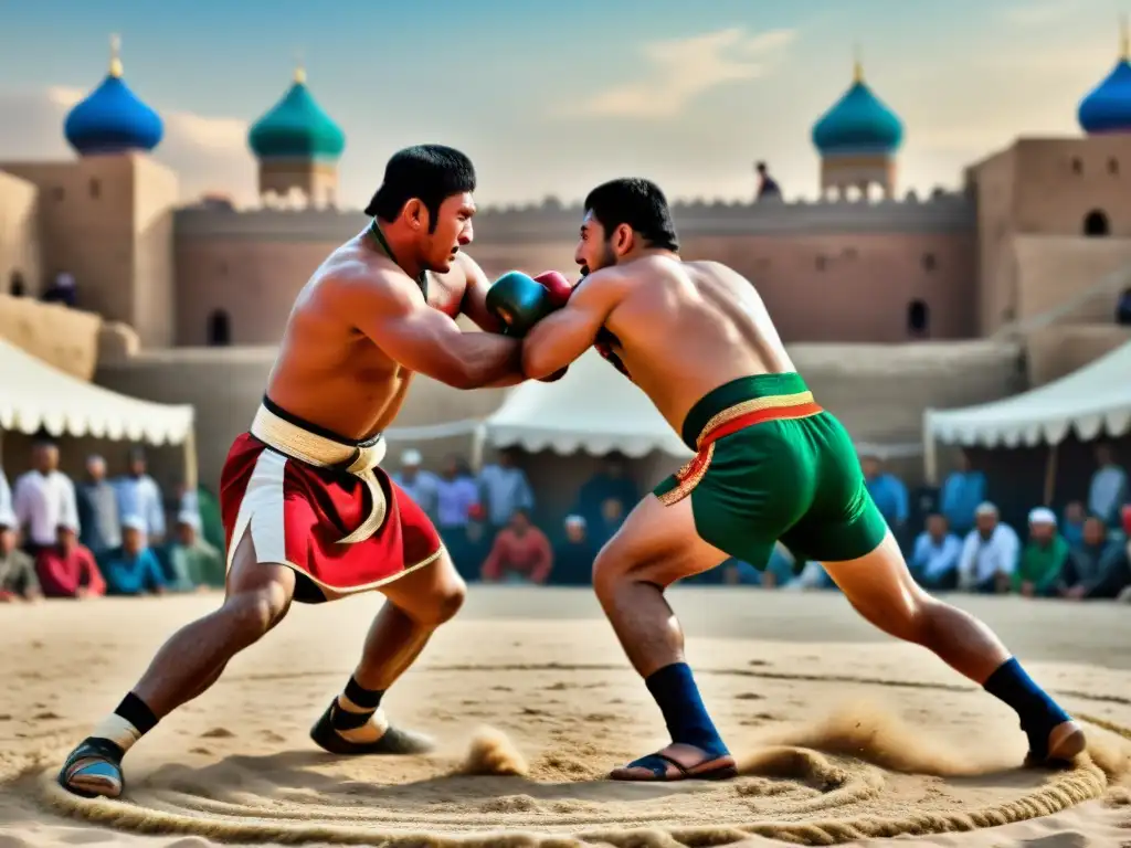 Combate de Kurash en ciudad islámica con influencia histórica y energía vibrante