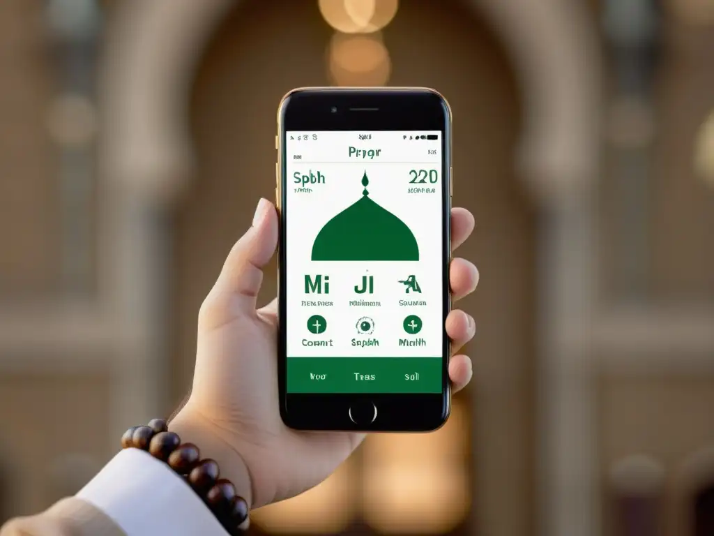 Comparativa de apps de oración musulmana con diseño moderno y espiritual conexión a través de la pantalla del smartphone