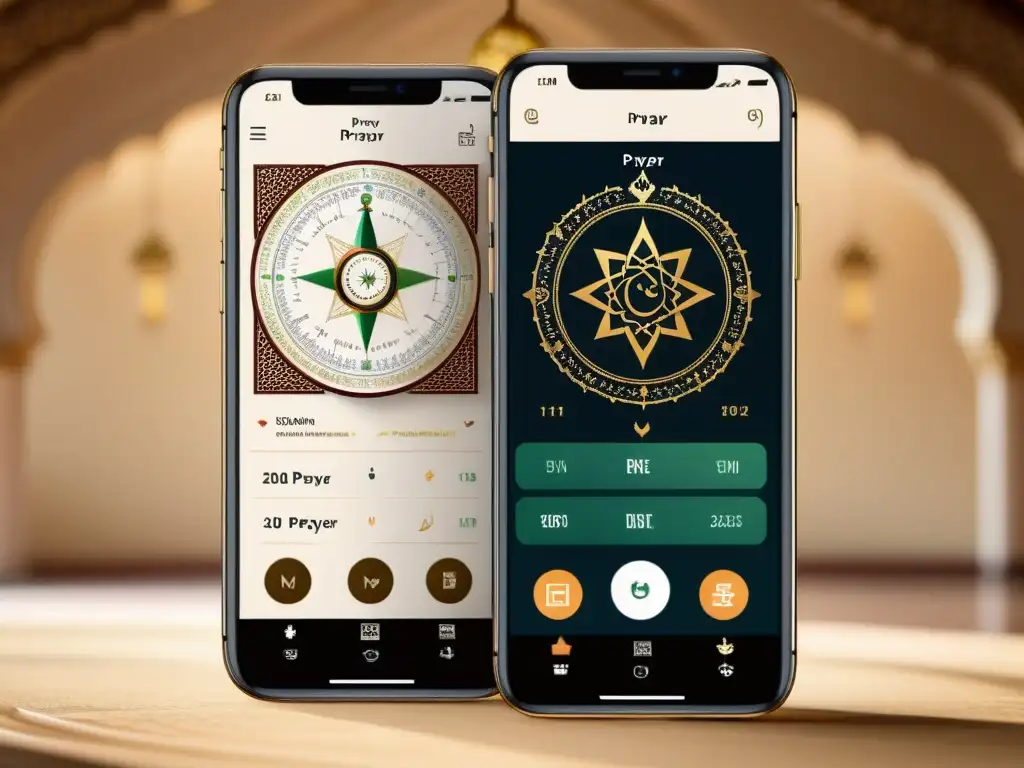 Comparativa de apps de oración musulmana con interfaces modernas y funciones personalizables, exudando innovación tecnológica y tradición religiosa