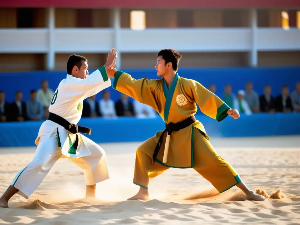 Competencia de Kurash al atardecer con influencia islámica, atuendos tradicionales y ambiente de camaradería