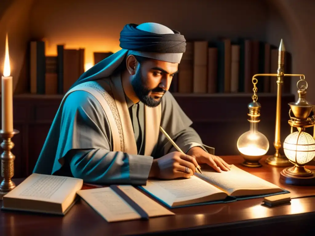 Ibn alHaytham estudia una compleja teoría de visión en su estudio iluminado por velas, rodeado de instrumentos científicos antiguos y manuscritos