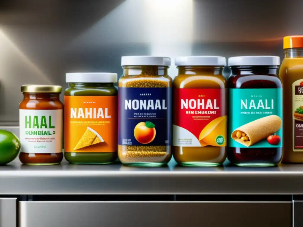 Una composición visual impactante muestra aditivos no Halal en dieta en productos alimenticios variados sobre una elegante encimera de cocina