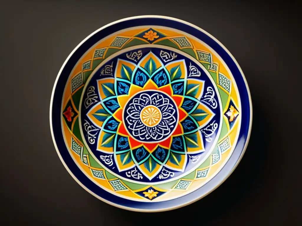 Compra arte islámico online: Imagen de una placa cerámica islámica con patrones geométricos y colores vibrantes, destacada sobre un fondo oscuro para resaltar sus detalles ornamentales