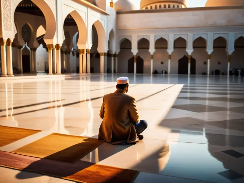 Comunidad diversa en oración en el papel de la mezquita al atardecer