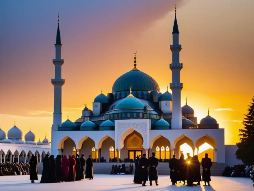 Comunidad multicultural de musulmanes canadienses frente a la mezquita, en un atardecer dorado