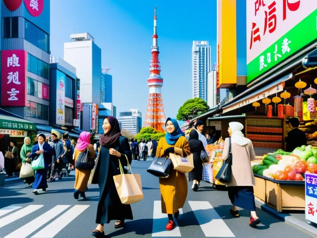 Comunidades musulmanas en Japón: Vibrante escena callejera en Tokio con la icónica Torre de Tokio de fondo y mujeres musulmanas en primer plano