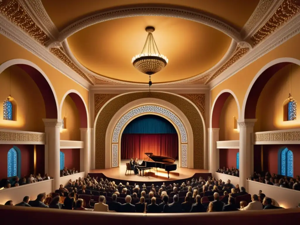 Concierto en sala europea con influencia música andalusí Europa: arquitectura morisca, músicos y audiencia elegante