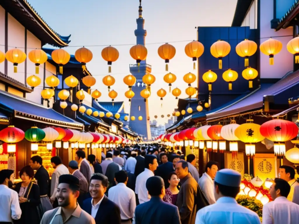 Una concurrida calle en el barrio musulmán de Tokio durante el Eid alFitr, con vibrantes decoraciones y una multitud diversa celebrando