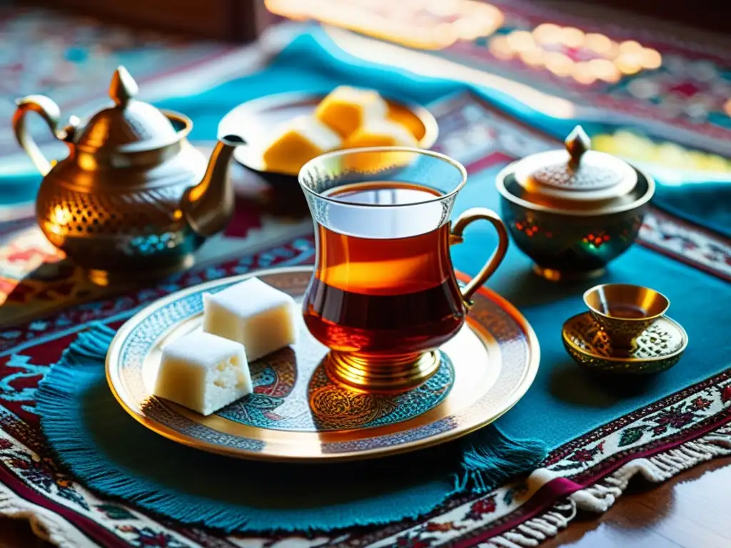 Un conjunto de té turco tradicional se coloca sobre una hermosa alfombra persa, con delicados vasos de té, una tetera y un plato de delicias turcas