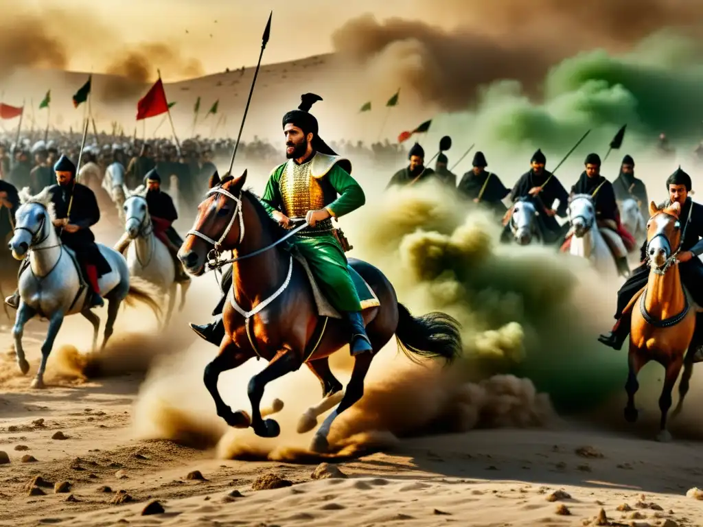 Conmemoración de Ashura en Islam: Representación fotorrealista de la Batalla de Karbala, con intensos combates en el desierto y figuras centrales de Imam Hussain y sus leales compañeros desafiando el caos