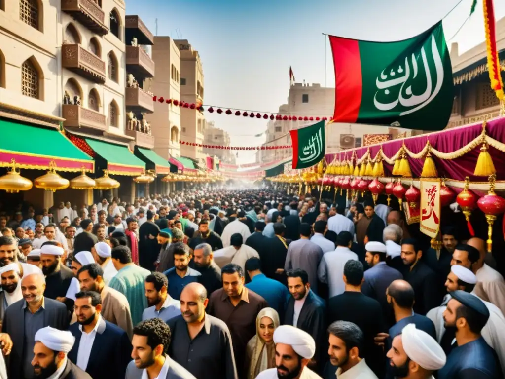 Una conmemoración de Ashura en Islam: una calle abarrotada en una ciudad del Medio Oriente, llena de gente de todas las edades y clases, vistiendo coloridos atuendos tradicionales y participando en rituales culturales y religiosos con reverencia y solemnidad