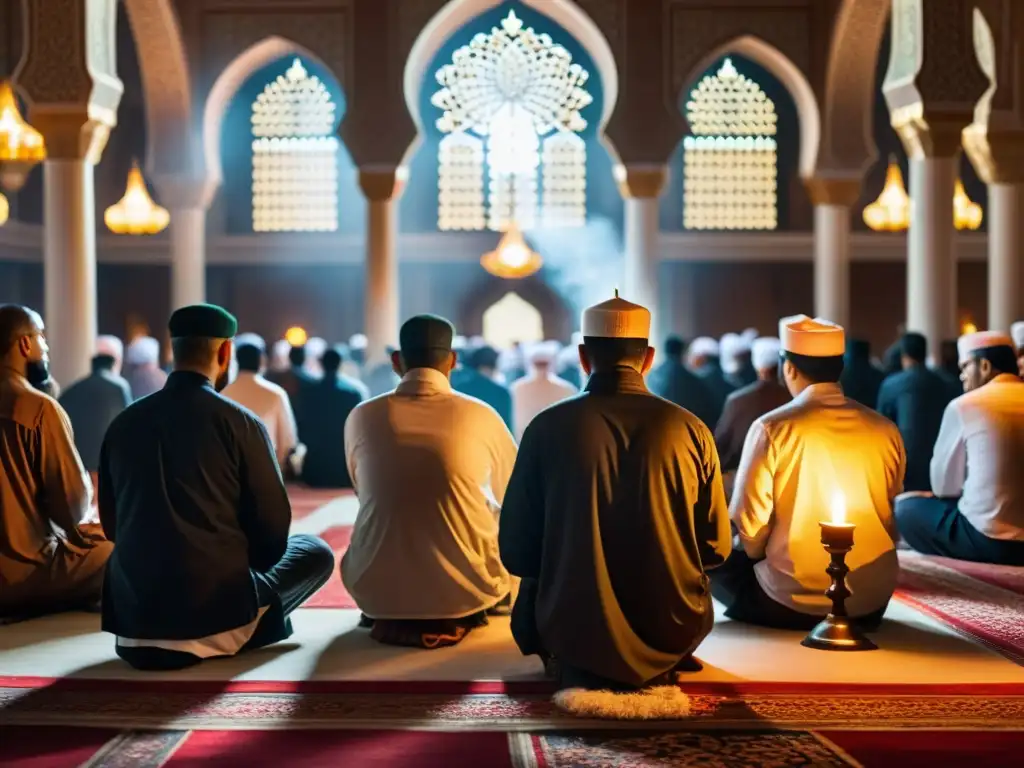 Conmemoración de Ashura en Islam: Grupo diverso de musulmanes rezando en una mezquita, iluminados por la suave luz de las velas