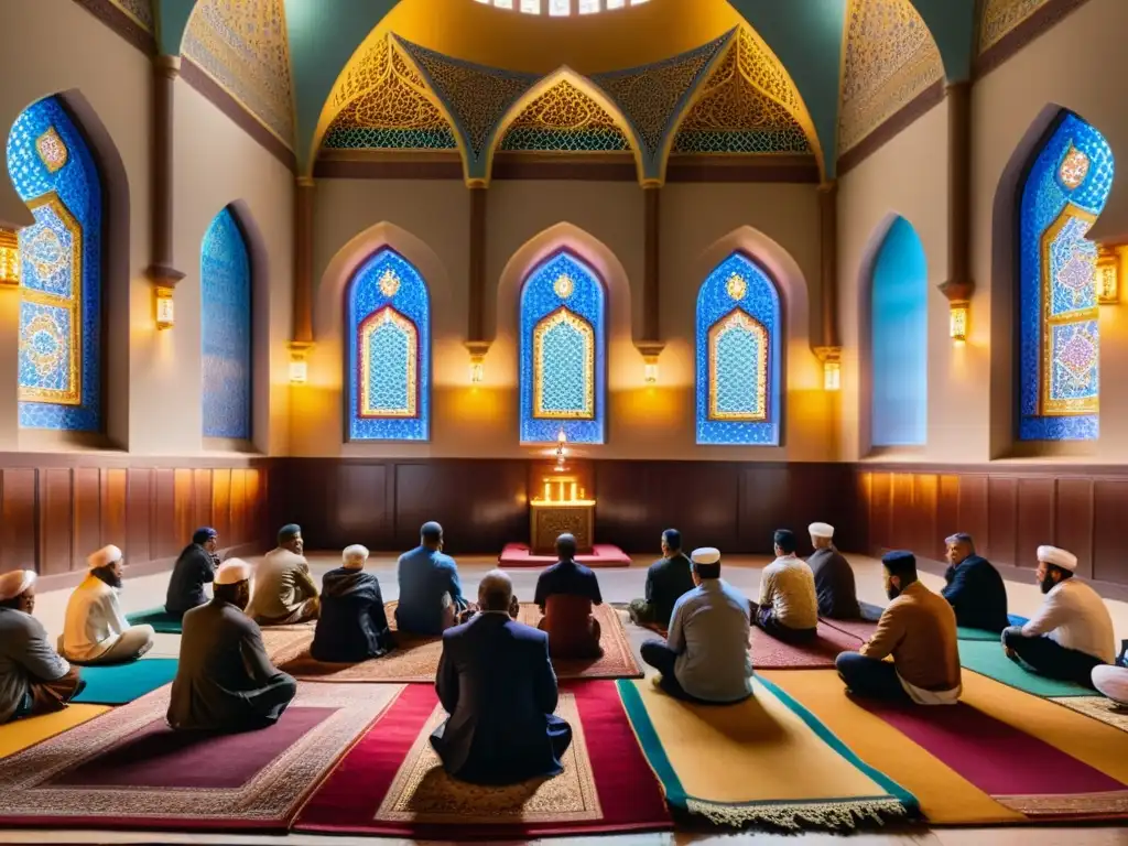 Conmemoración de Ashura en Islam: Personas devotas escuchan al líder religioso recitar el Corán en una mezquita iluminada por luz dorada