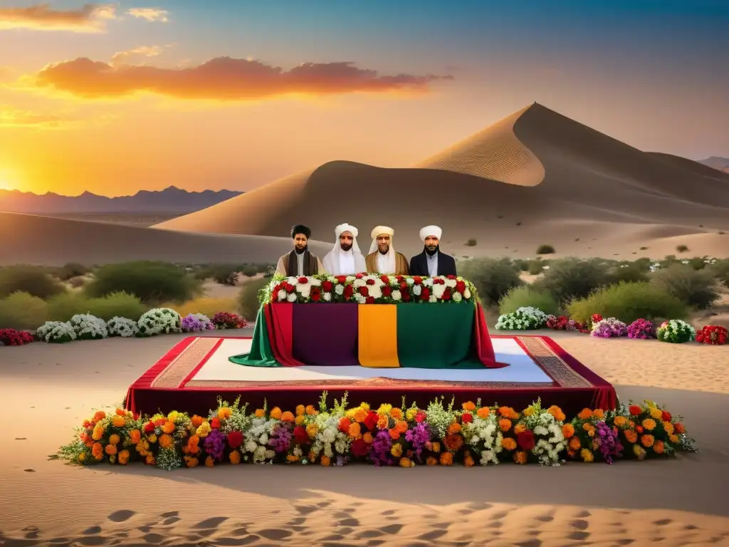 Conmemoración Chiíta Id alGhadeer: Reunión festiva de musulmanes en atuendo tradicional, celebrando en un hermoso desierto al atardecer