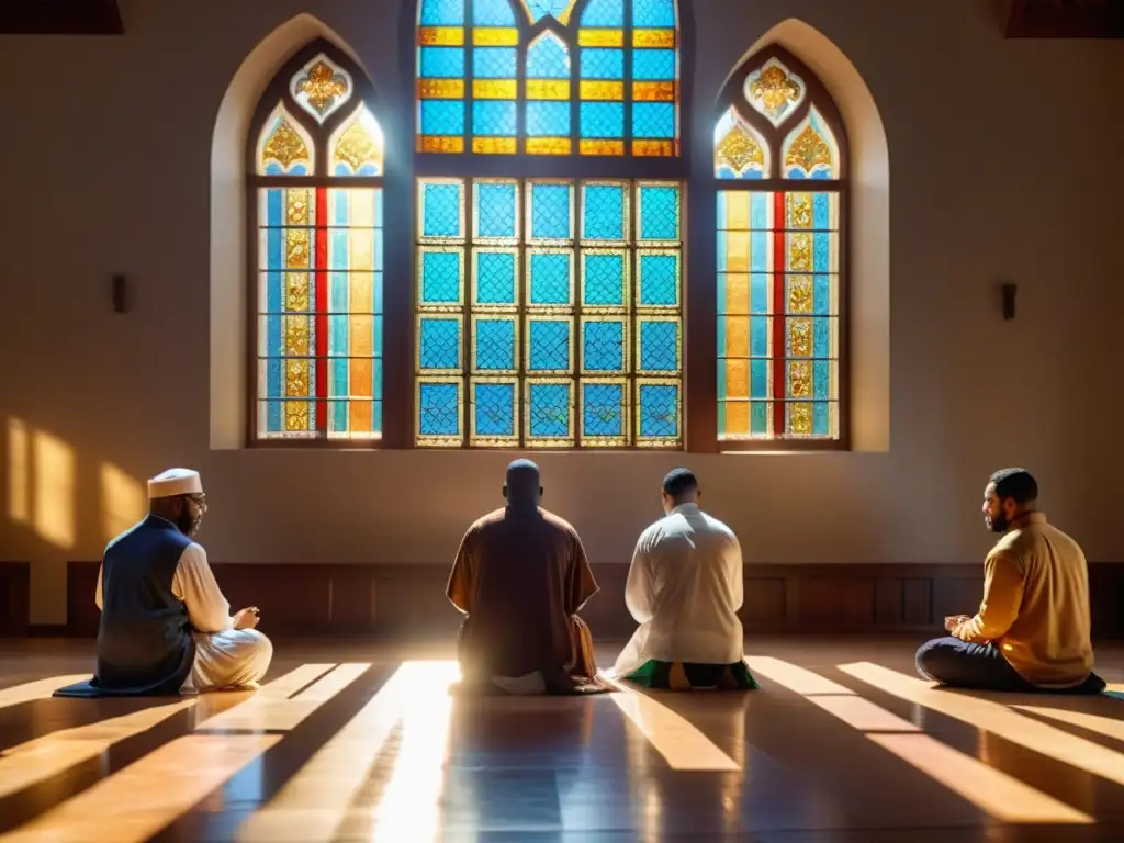 Una conmovedora imagen de historia musulmanes afroamericanos contemporáneos reunidos en oración bajo la cálida luz del sol en una mezquita