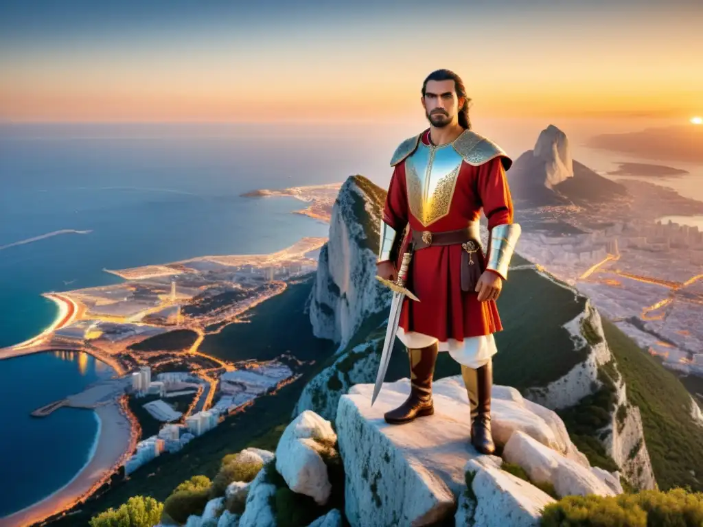 Conquistas de Tariq ibn Ziyad historia: Fotorealista imagen de Tariq ibn Ziyad en el Peñón de Gibraltar al atardecer, con una atmósfera triunfante y cálida