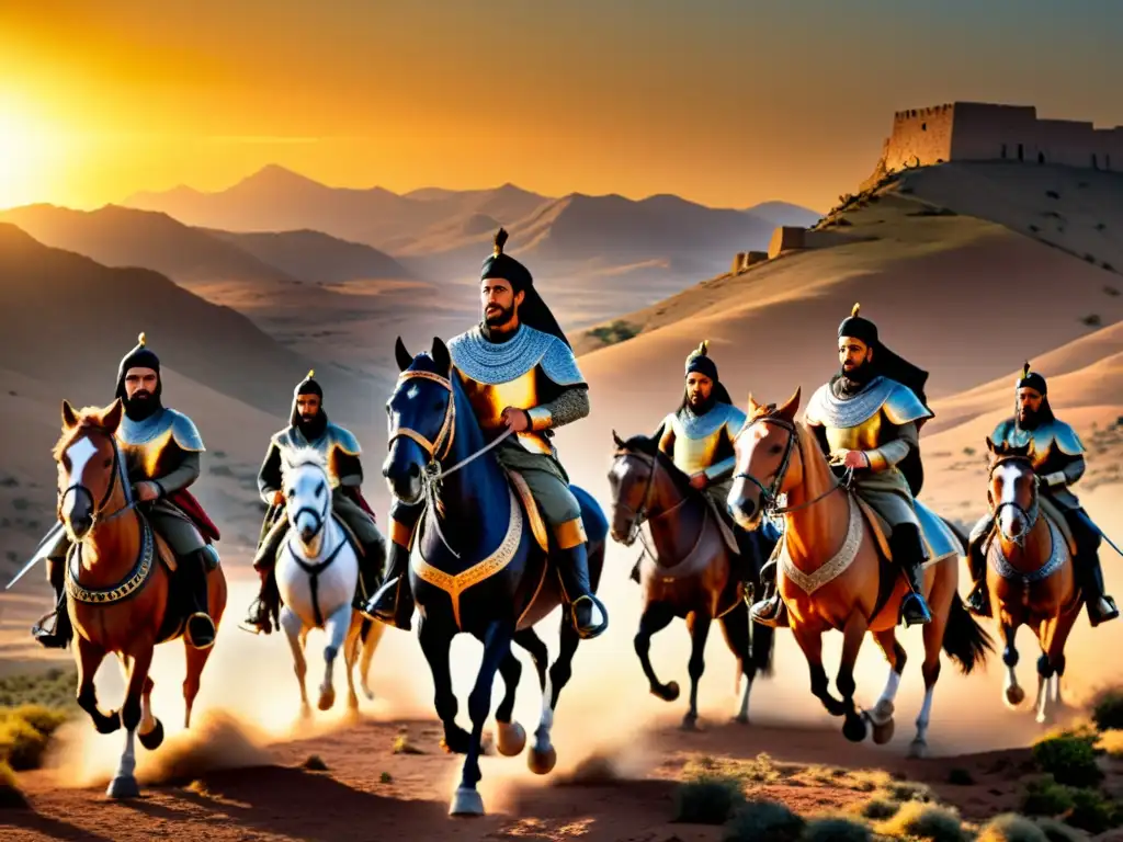 Conquistas de Tariq ibn Ziyad historia: Ilustración realista de su avance triunfante por la península ibérica al atardecer, con soldados a caballo y montañas al fondo