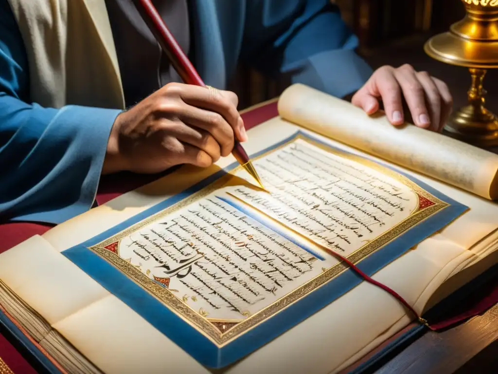 Un conservador restaura con cuidado un antiguo manuscrito islámico en una biblioteca decorada, iluminada por suaves rayos de luz