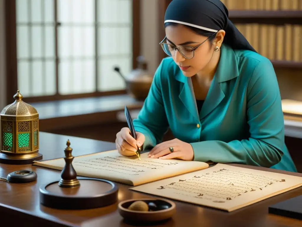 Un conservador restaura con cuidado manuscritos islámicos antiguos en su estudio, mostrando reverencia por su legado eterno