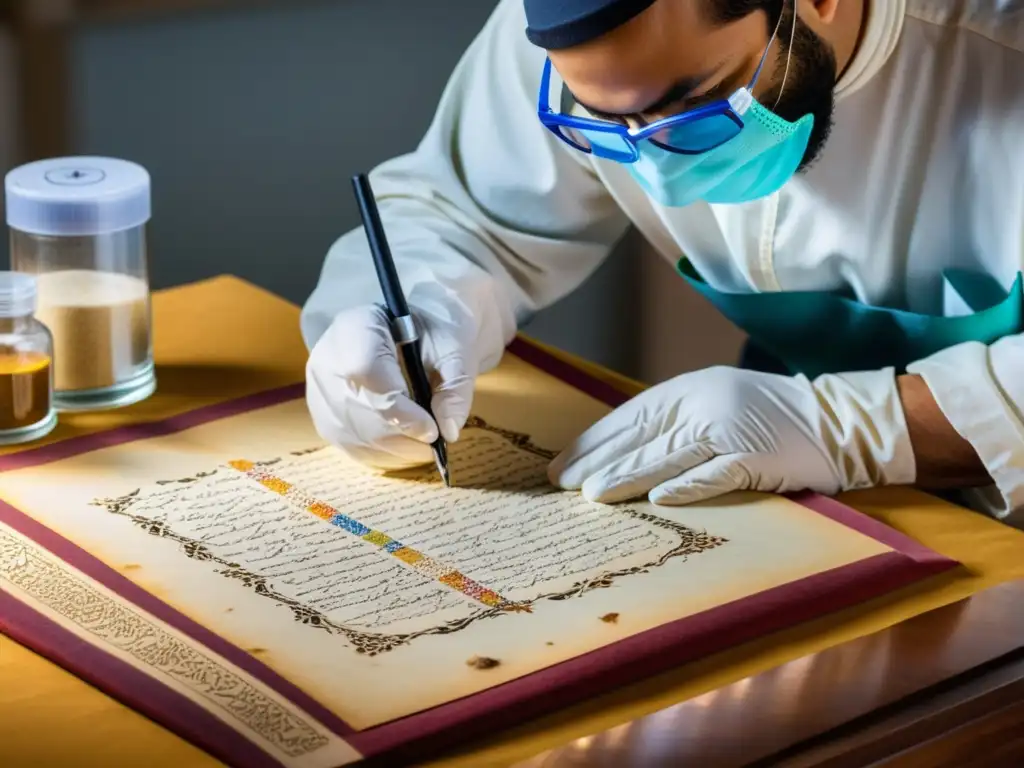 Un conservador restaura con delicadeza un antiguo manuscrito islámico, mostrando ética en conservación manuscritos islámicos