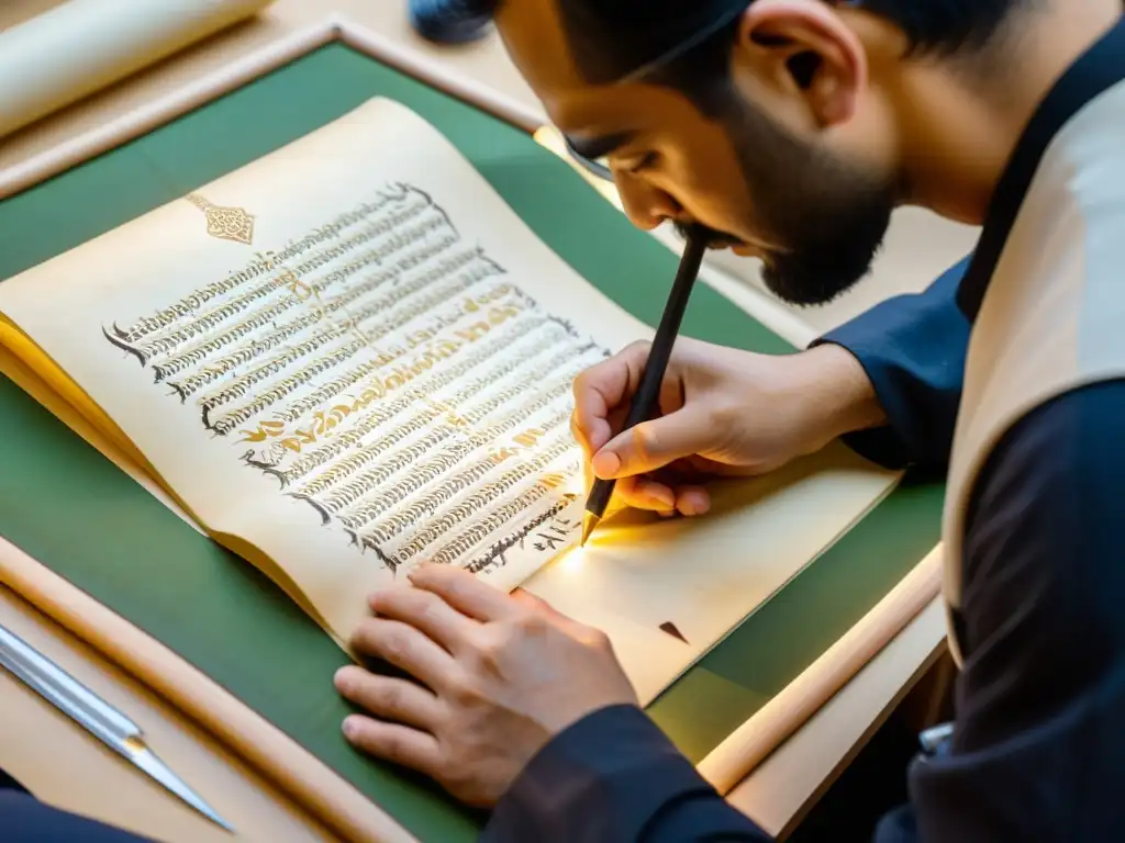 Un conservador restaurando con ética un manuscrito islámico, mostrando delicadeza y atención al detalle bajo una cálida iluminación