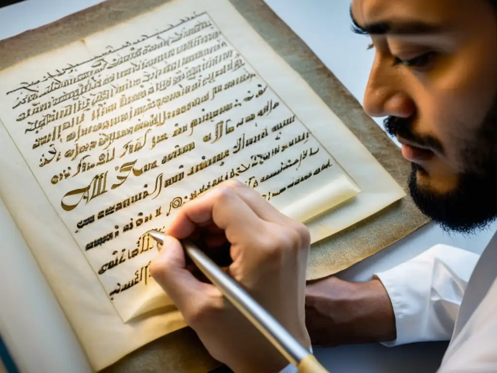 Conservadora restaurando con ética un manuscrito islámico antiguo, con delicadeza y detalle