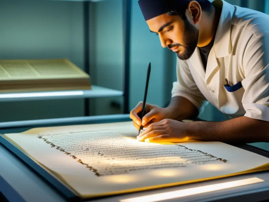 Conservadores restaurando un antiguo manuscrito islámico en un centro de conservación