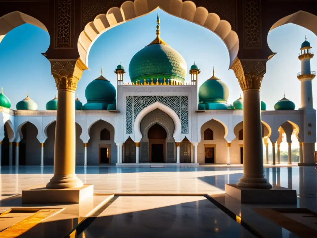 Construcción de mezquita histórica en mármol y granito, reflejando la belleza duradera de los materiales en la luz solar