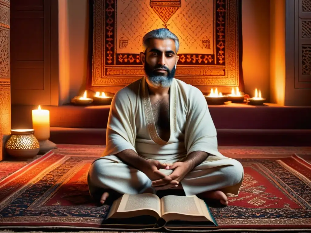 Mulla Sadra en contemplación en un estudio iluminado por velas, rodeado de libros antiguos y alfombras persas