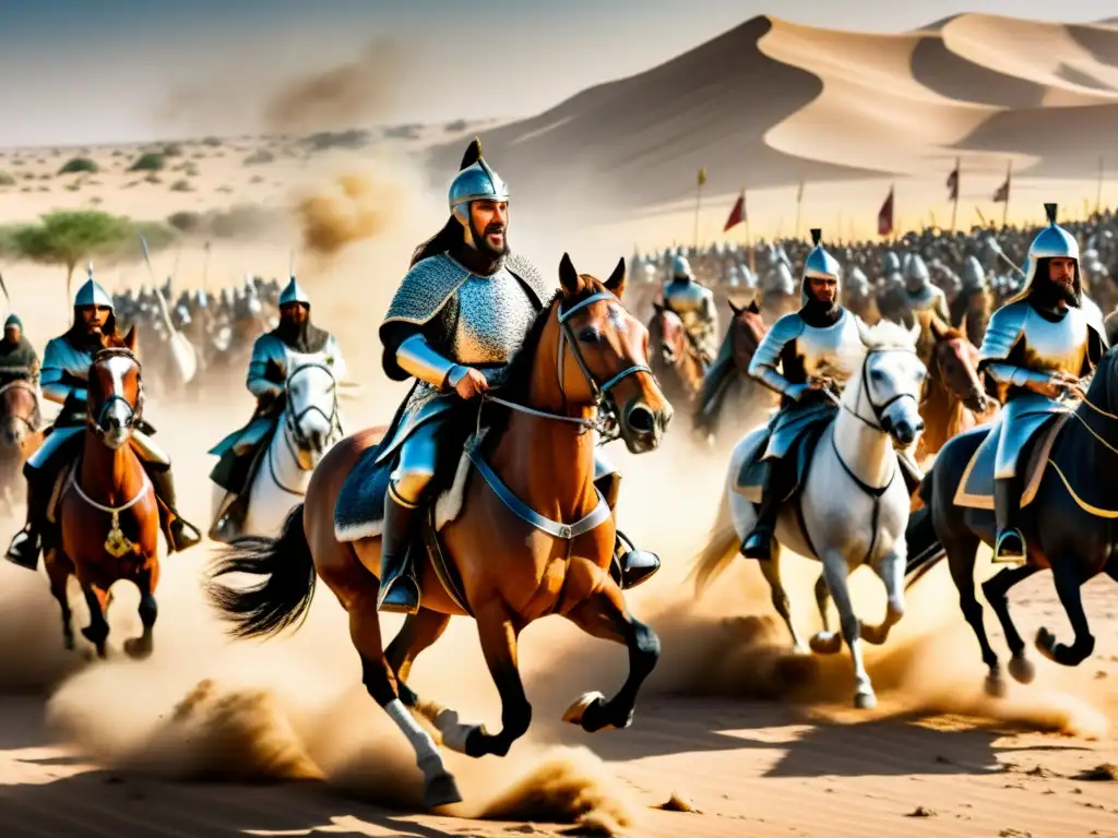 Saladin lidera una contraofensiva islámica en la Batalla de Hattin, capturando la intensidad del combate en el desierto