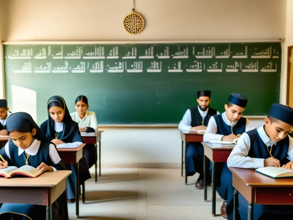 Contraste entre educación religiosa y secular en el Islam: dos aulas, una con estudiantes estudiando textos religiosos y la otra con educación secular