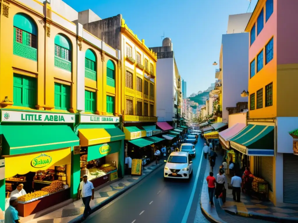 Fusión cultural islámica en Brasil: Calle bulliciosa en 'Pequeña Arabia' de São Paulo, con tiendas coloridas y arquitectura brasileña, fusionando la cultura árabe y brasileña en el corazón de Brasil