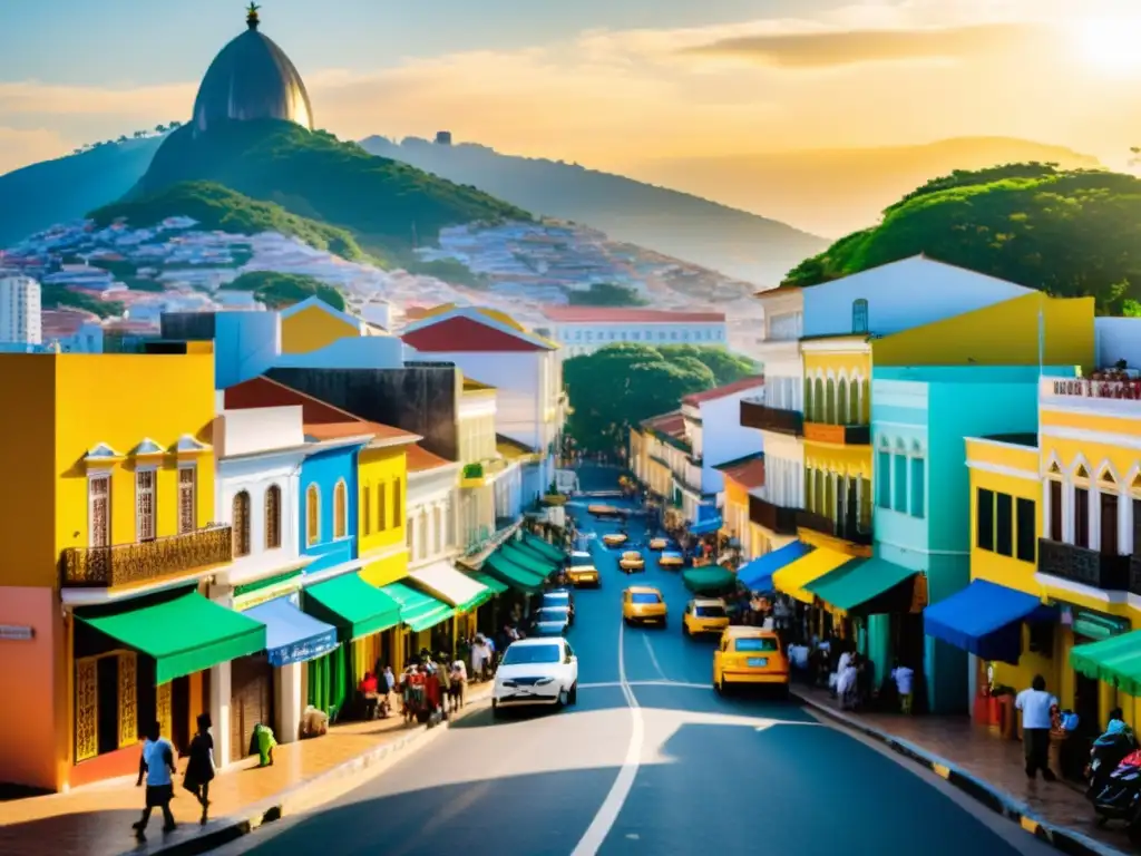 Fusión cultural islámica en Brasil: Calle vibrante y bulliciosa con arquitectura y diseño islámico-colorido, reflejando la armoniosa coexistencia cultural