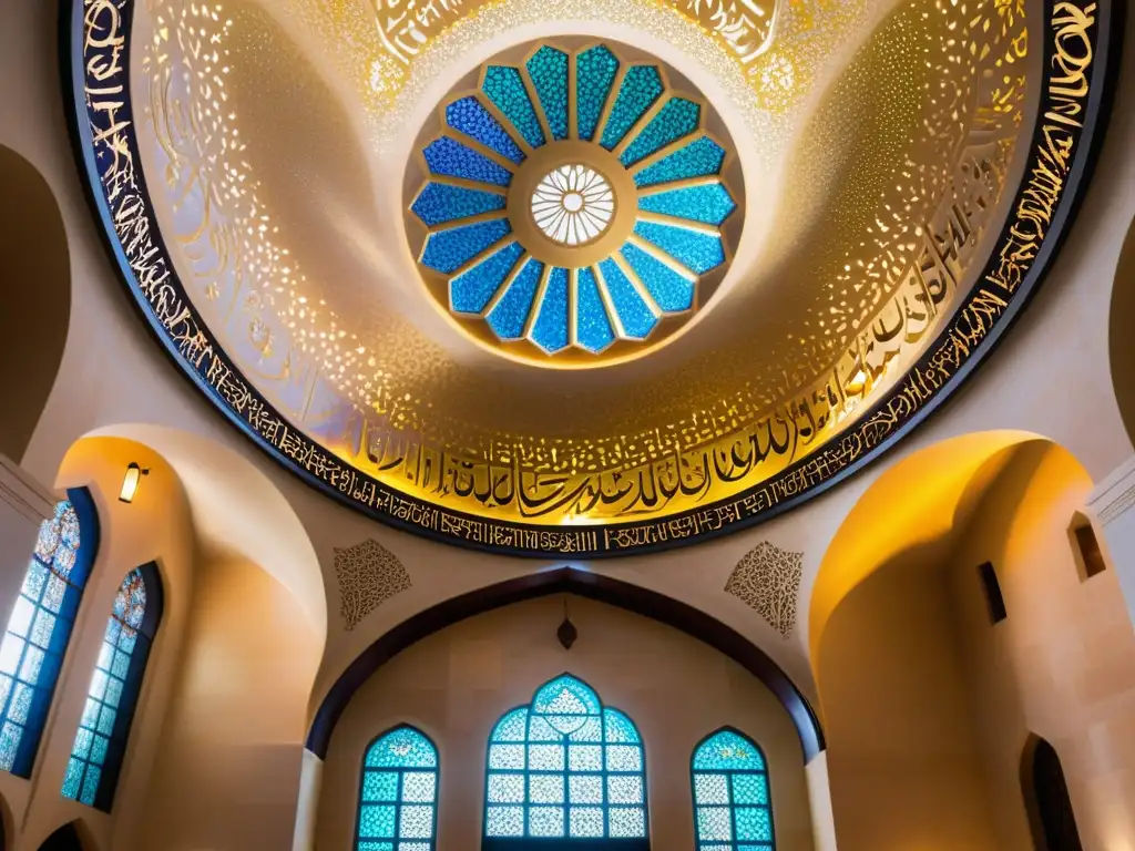 Una cúpula ornamental con caligrafía islámica en arquitectura contemporánea, bañada en luz dorada y sombras etéreas