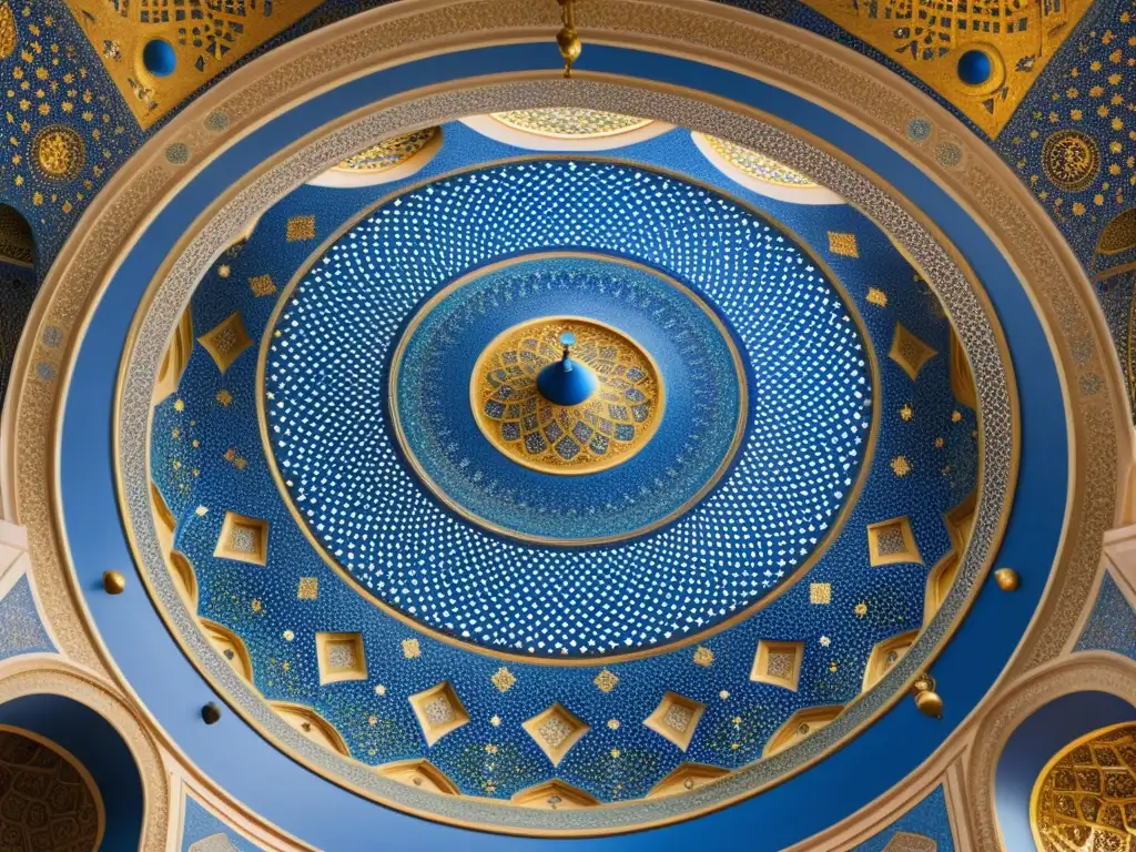 Una cúpula de mezquita histórica con pinturas ocultas en intrincados mosaicos azules, cobaltos y celestes, salpicados de dorado