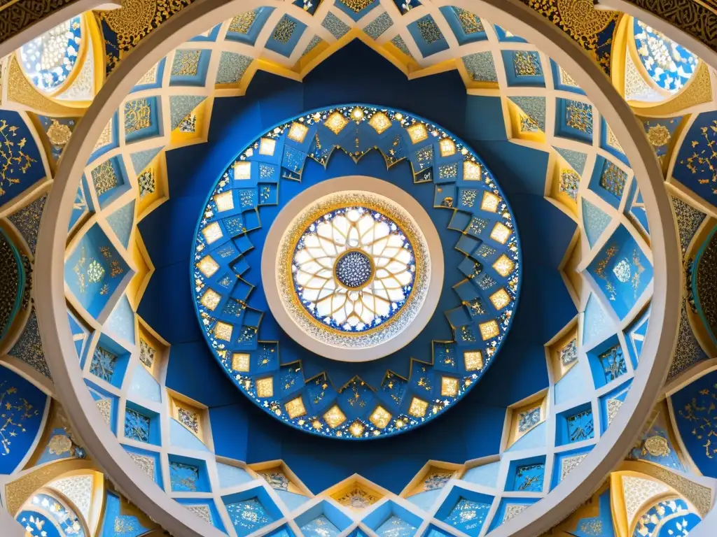 Una cúpula de mezquita intrincada con patrones geométricos islámicos en tonos de azul, blanco y oro