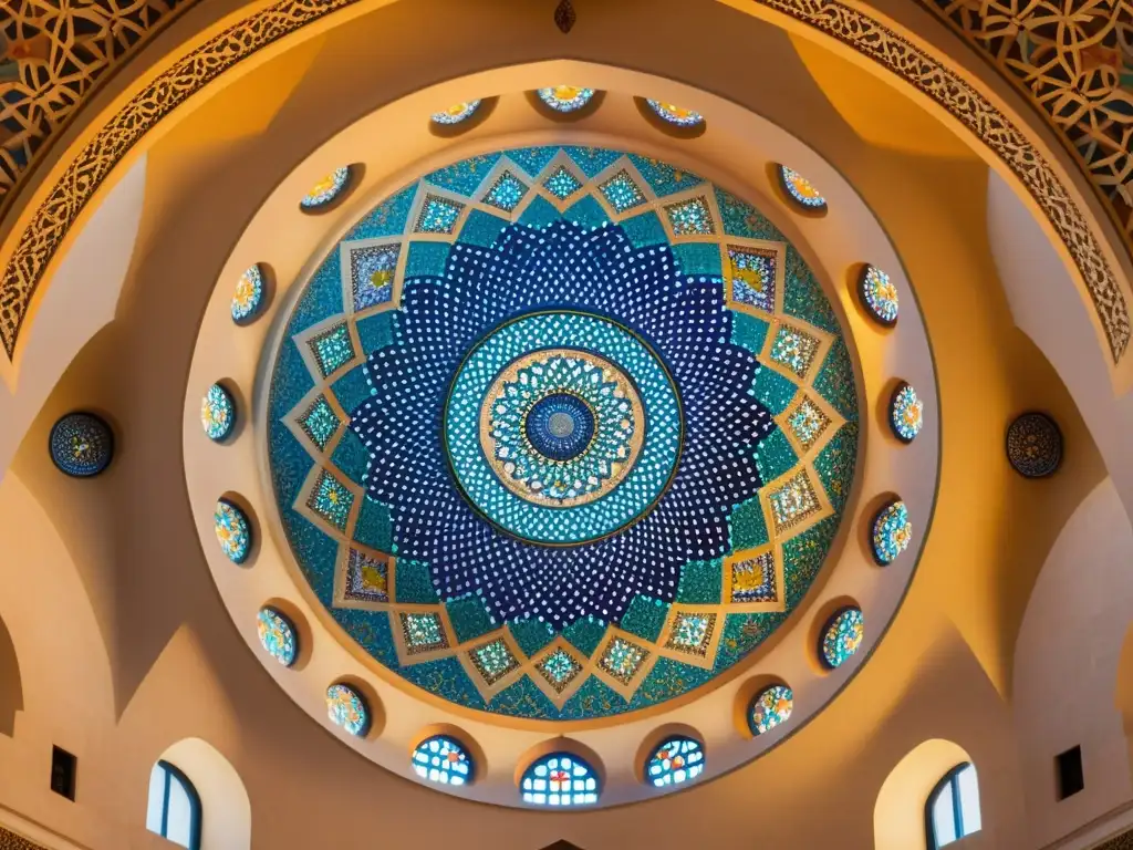 Una cúpula de mosaico geométrico en una mezquita, reflejando la belleza de la arquitectura islámica y la dimensión mística matemática islámica