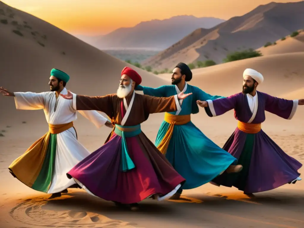 Danza Sufi de derviches en un paisaje místico al atardecer