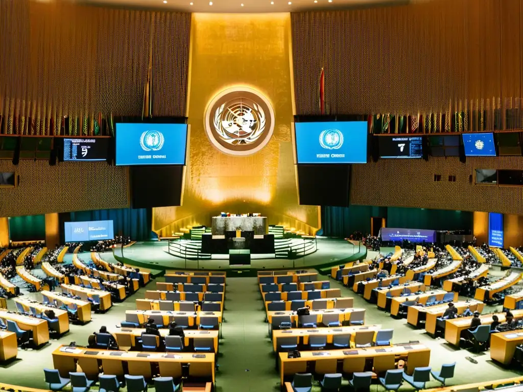 Delegados de diversas naciones en intensas discusiones diplomáticas en la Asamblea General de las Naciones Unidas