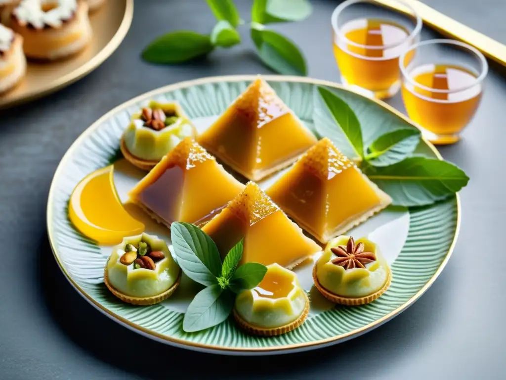 Una delicada presentación de postres halal tradicionales islámicos, con baklava, kunafa y pastelitos de dátiles, adornados con miel, pistachos y menta fresca, sobre platos de cerámica intrincadamente diseñados, enmarcados por elegantes patrones geométricos isl