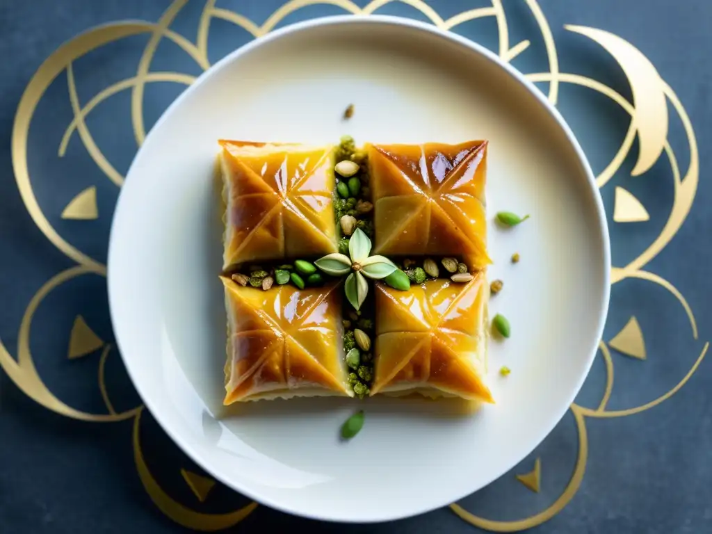 Delicado baklava vegano con pistachos y jarabe dorado, sobre patrón islámico