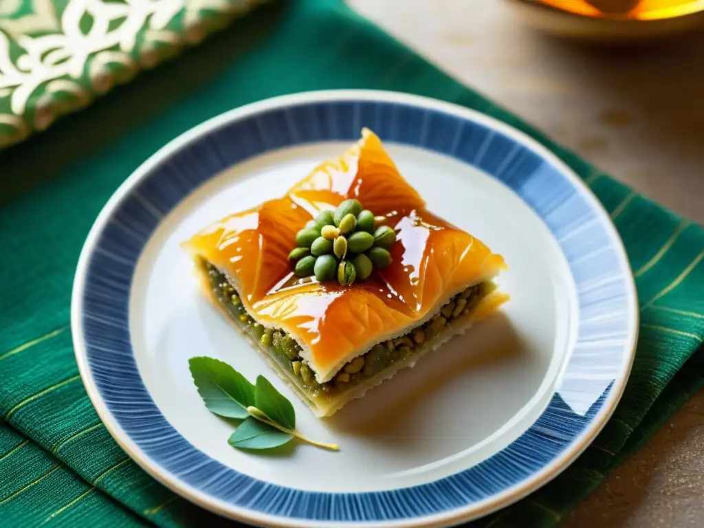 Deliciosa baklava turca tradicional con pistachos y miel dorada sobre una elegante cerámica, evocando postres halal tradicionales islámicos