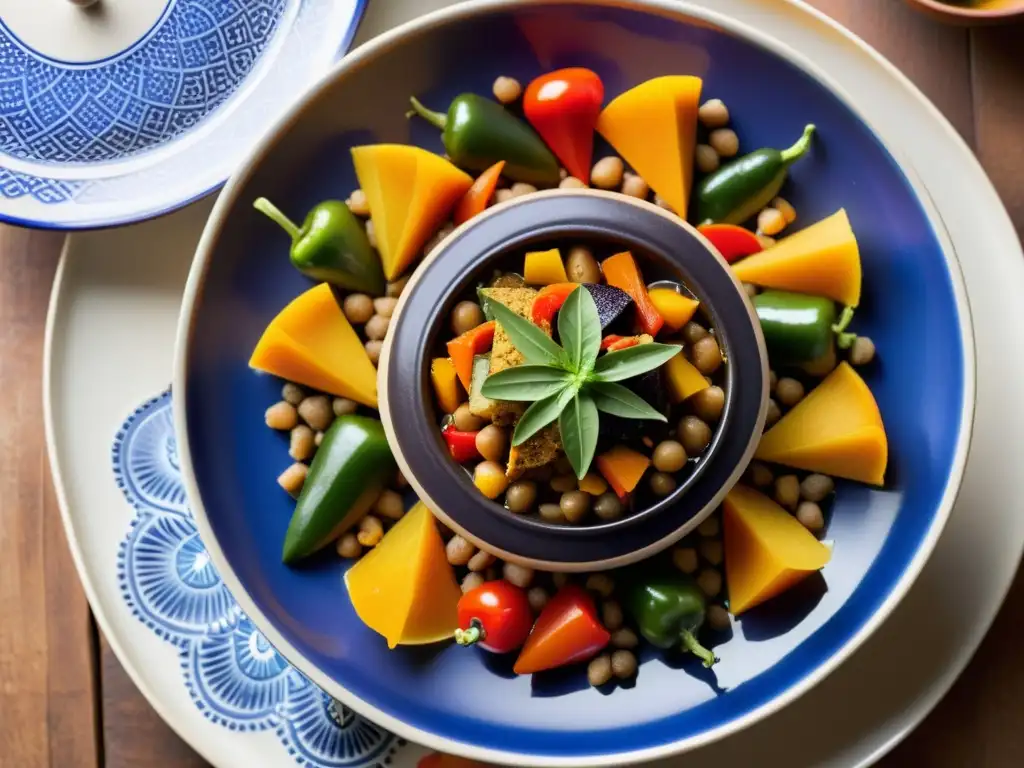 Deliciosa adaptación vegana de un tagine marroquí, con vegetales coloridos en plato cerámico