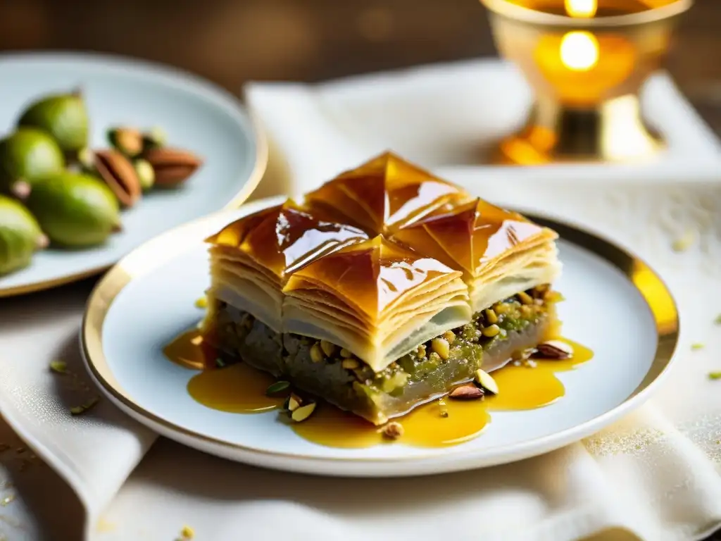 Delicioso baklava dorado con pistachos y miel, sobre un mantel islámico