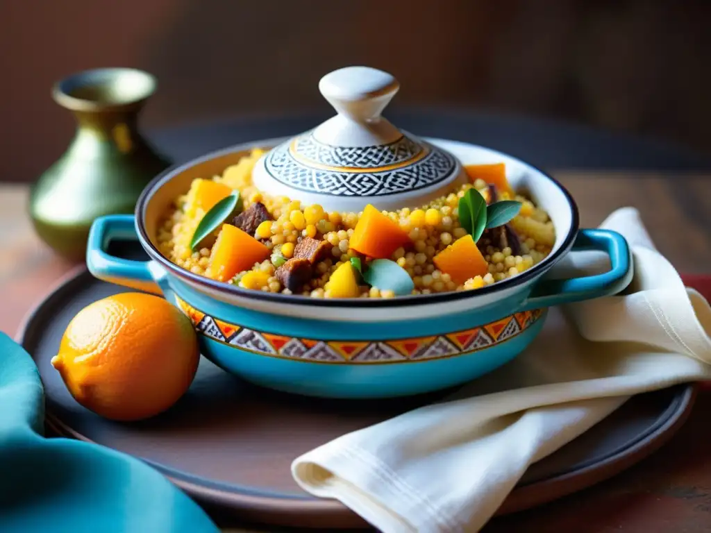 Delicioso plato de couscous marroquí con cordero, verduras y decorado tagine