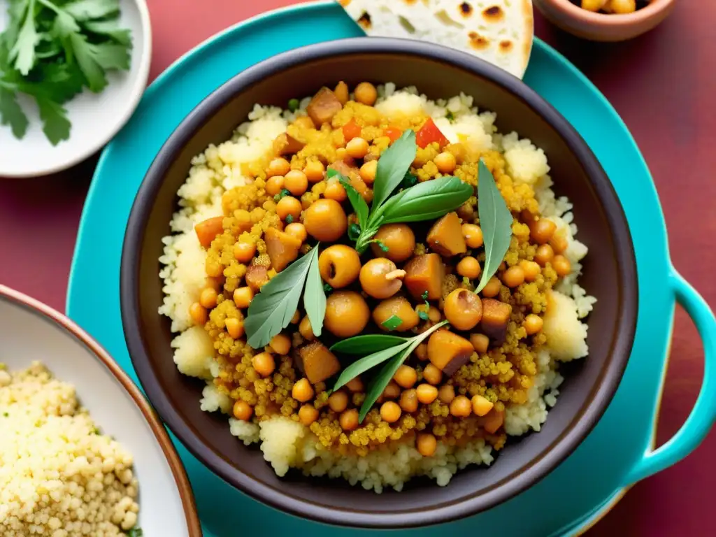 Un delicioso plato de couscous marroquí, evolución del plato couscous mundo islámico, con ingredientes y colores vibrantes